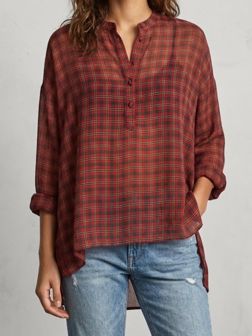ZARA Semi Sheer Plaid Half Button Down Popover Boho Tunic Top